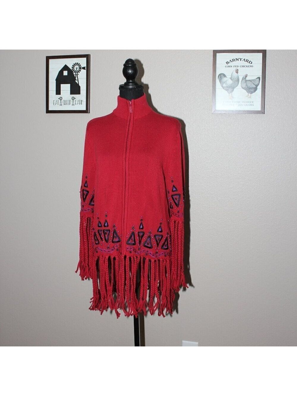 Bob Mackie Wearable Art Womens Pink Sweater Zip Fringe Embroidered Size Medium - Picture 2 of 11